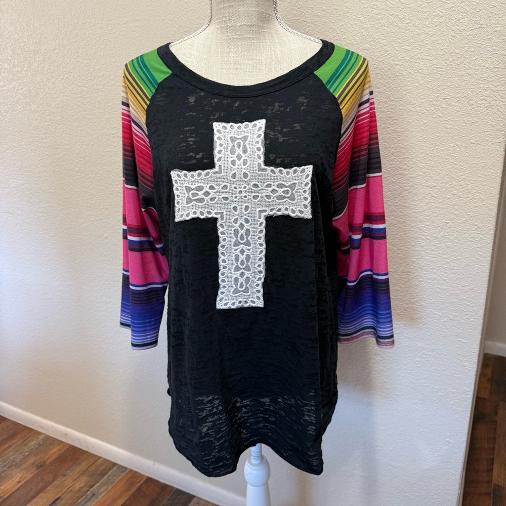 L&B Life Black Raglan Top with Lace Cross - Size Large